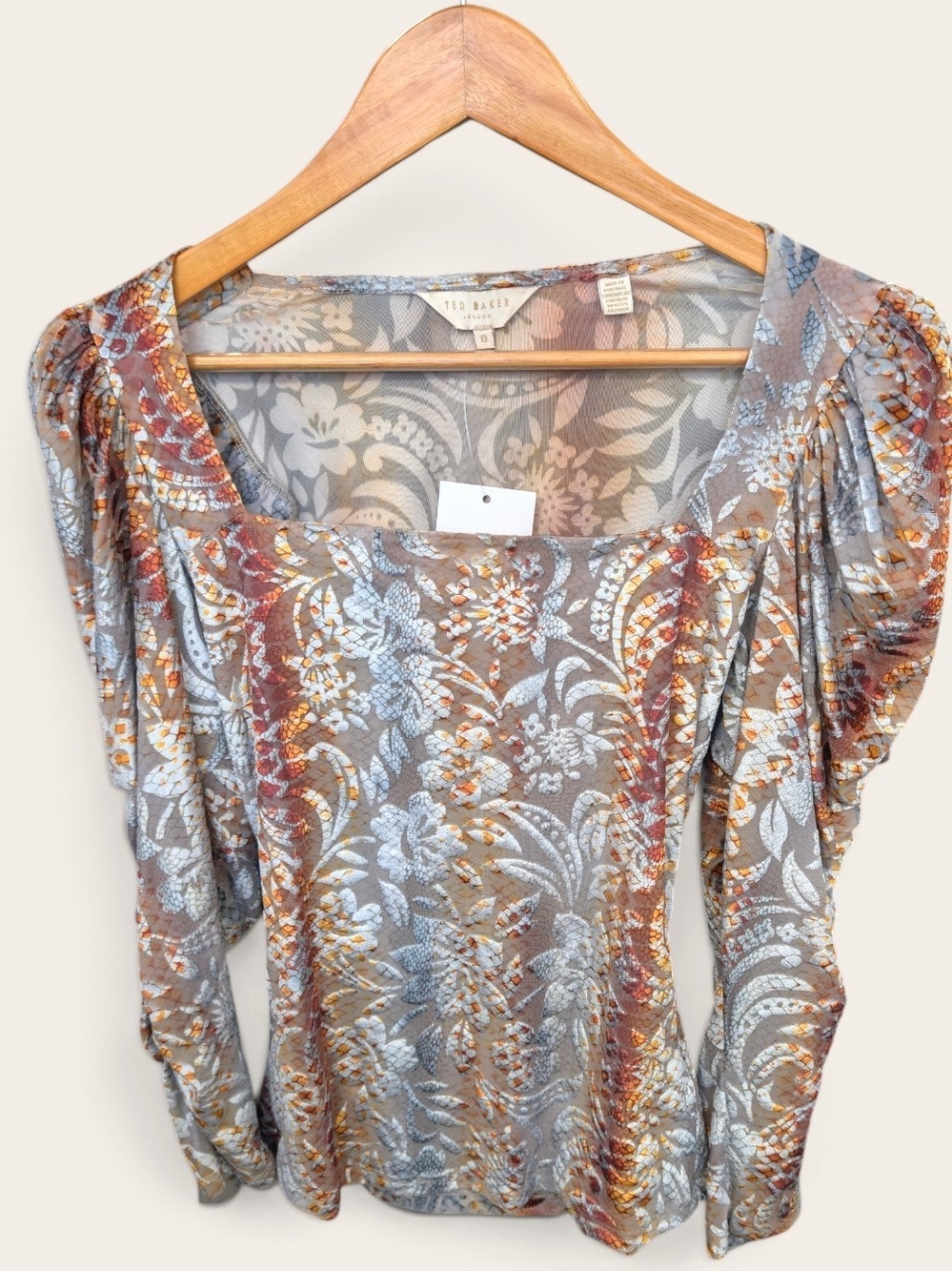Ted Baker Metallic Floral Scoop-Neck Long Sleeve Top - Silver/Gold